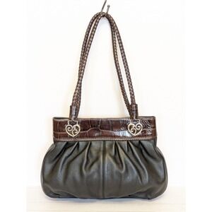 Brighton Black Pebble Leather Shoulder Bag Brown Croc Heart Accent Braided Strap